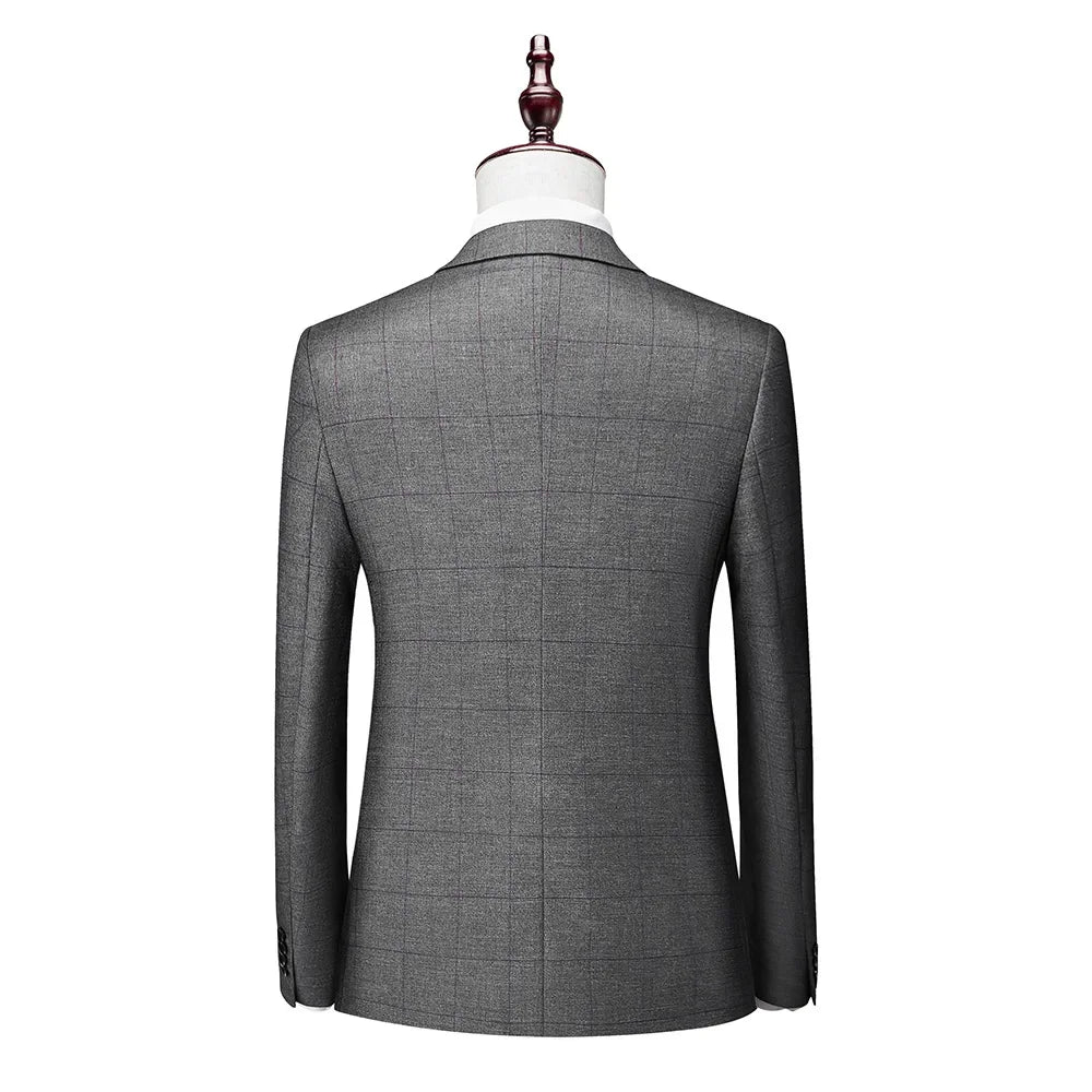 Men's Business Plaid Casual Grey Set Slim Fit Groom Party Set