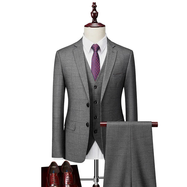 Men's Business Plaid Casual Grey Set Slim Fit Groom Party Set