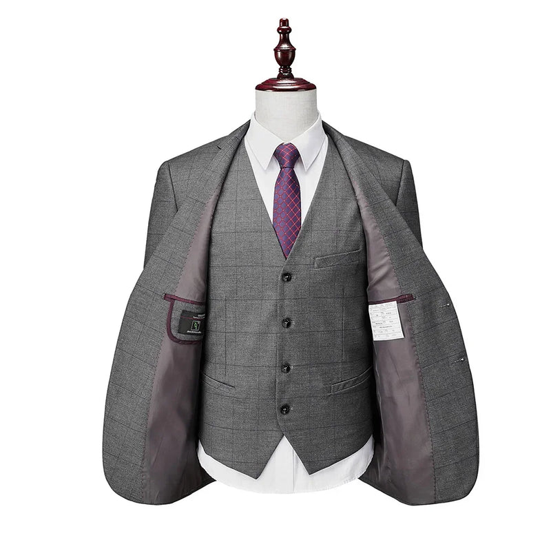 Men's Business Plaid Casual Grey Set Slim Fit Groom Party Set