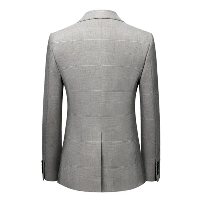 Men's Checkered Single Breast Business Light Grey Formal Wedding Dinner 3-piece Set