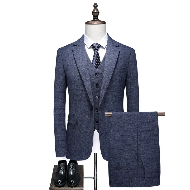 Men's Checkered Suit Single Breasted Formal Wedding Bride Entertainment Business Office Men's Suit 3-piece Suit Set