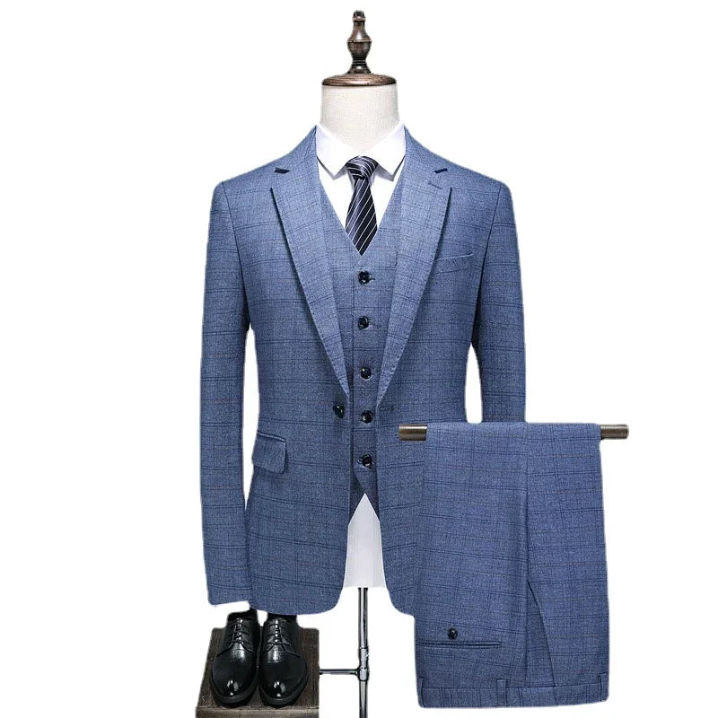 Men's Checkered Suit Single Breasted Formal Wedding Bride Entertainment Business Office Men's Suit 3-piece Suit Set