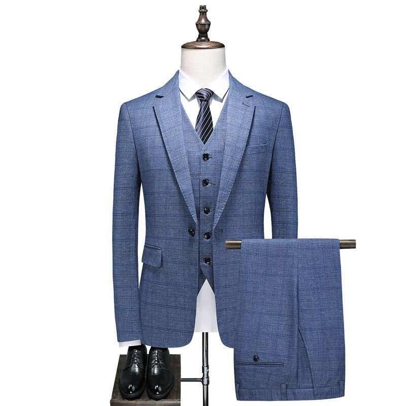 Men's Checkered Suit Single Breasted Formal Wedding Bride Entertainment Business Office Men's Suit 3-piece Suit Set