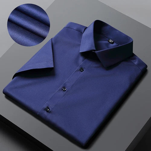 Men's Short Sleeved Shirt, Summer Solid Color Professional Shirt, Men's White Elastic Ironless Work Clothes