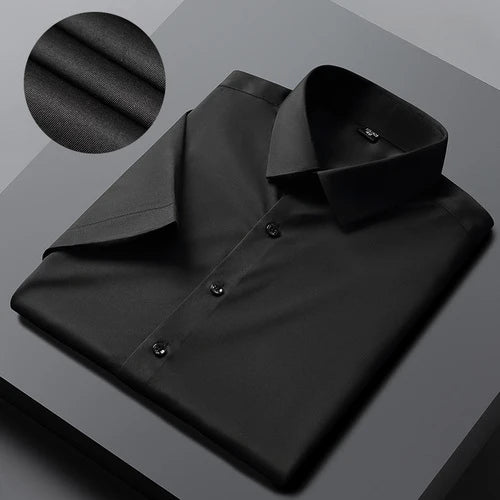 Men's Short Sleeved Shirt, Summer Solid Color Professional Shirt, Men's White Elastic Ironless Work Clothes