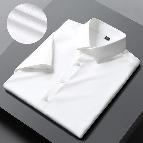 Men's Short Sleeved Shirt, Summer Solid Color Professional Shirt, Men's White Elastic Ironless Work Clothes