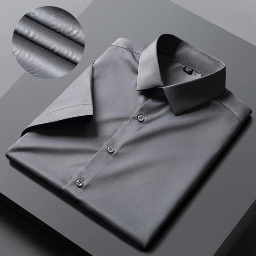 Men's Short Sleeved Shirt, Summer Solid Color Professional Shirt, Men's White Elastic Ironless Work Clothes