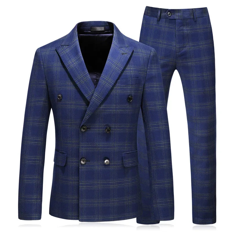 Men's Slim Fit Double Button High Quality Business Men's Customized Solid Color Checker Set
