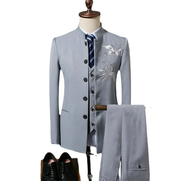 Men's Suit Fashion Chinese Retro Wedding Groom Set Standing Collar Classic Men's Suit Coat Pants