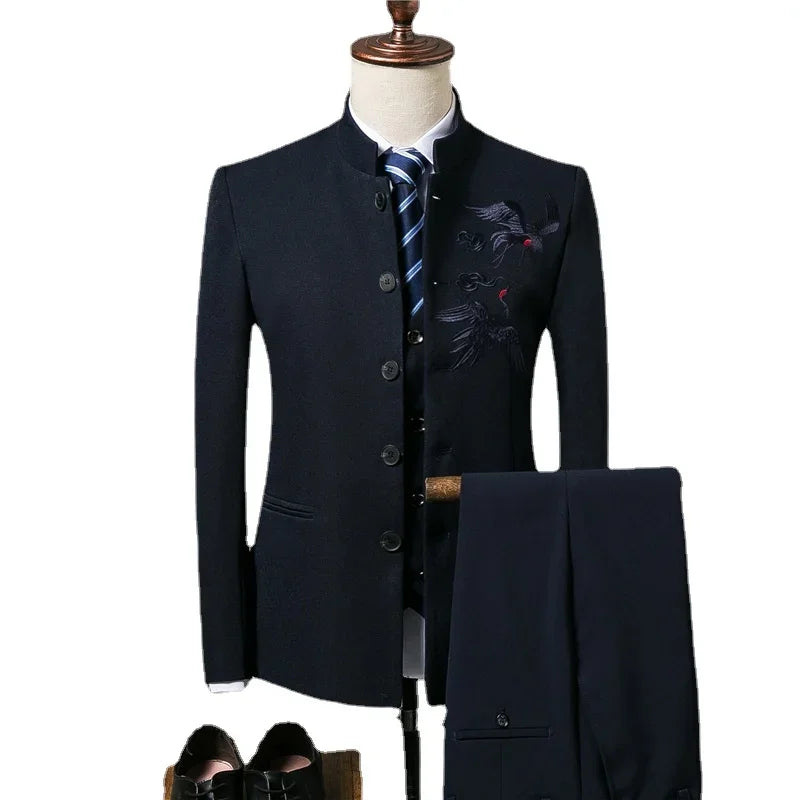 Men's Suit Fashion Chinese Retro Wedding Groom Set Standing Collar Classic Men's Suit Coat Pants
