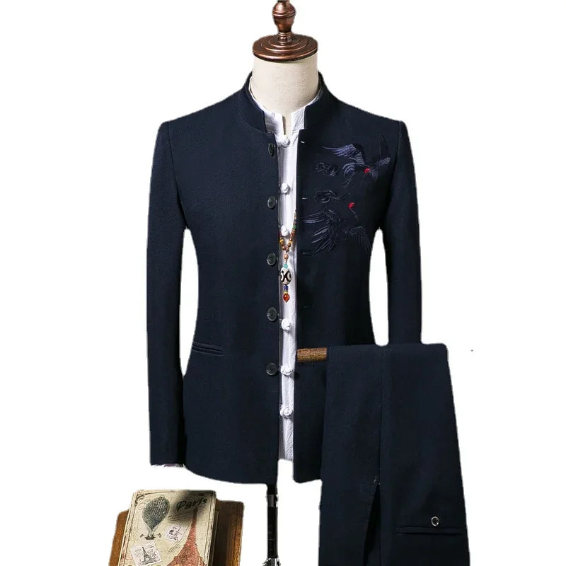 Men's Suit Fashion Chinese Retro Wedding Groom Set Standing Collar Classic Men's Suit Coat Pants
