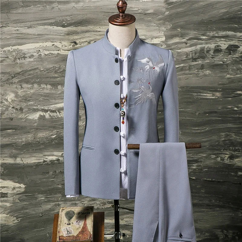 Men's Suit Fashion Chinese Retro Wedding Groom Set Standing Collar Classic Men's Suit Coat Pants