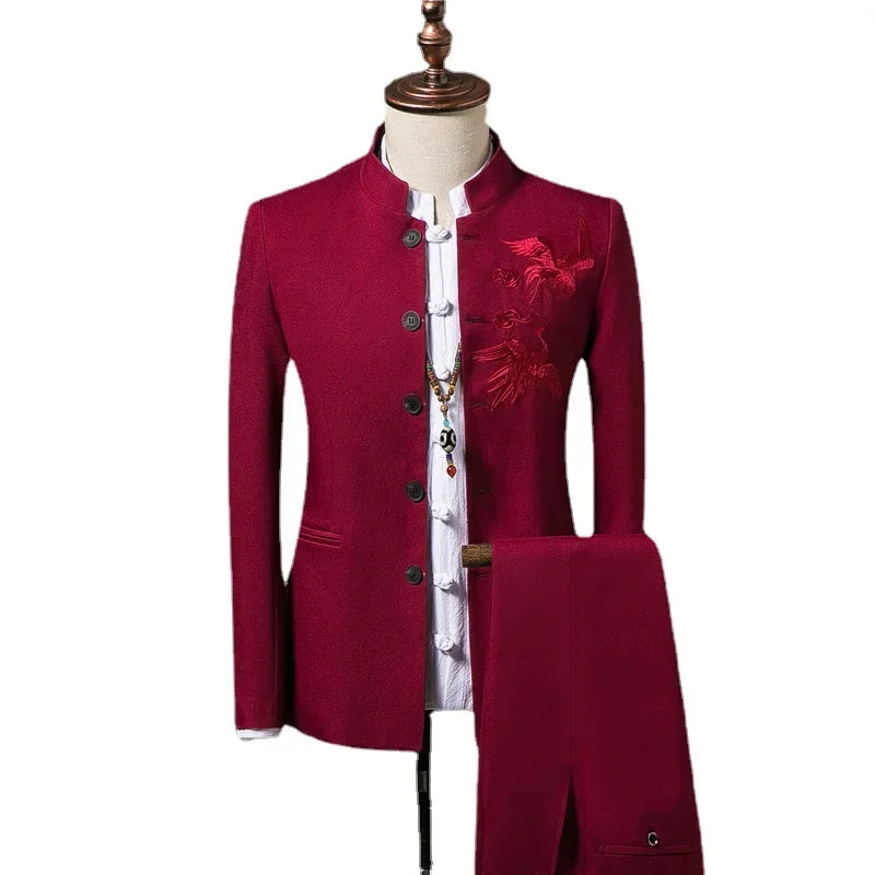 Men's Suit Fashion Chinese Retro Wedding Groom Set Standing Collar Classic Men's Suit Coat Pants