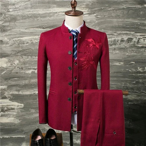 Men's Suit Fashion Chinese Retro Wedding Groom Set Standing Collar Classic Men's Suit Coat Pants