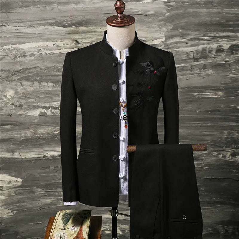 Men's Suit Fashion Chinese Retro Wedding Groom Set Standing Collar Classic Men's Suit Coat Pants