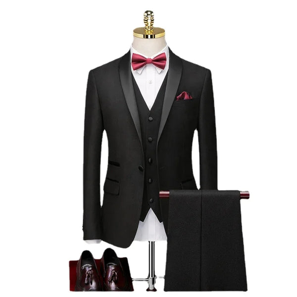 Men's Suit Solid Black Business Fit 3 Piece Set Customized Wedding Groom Dress
