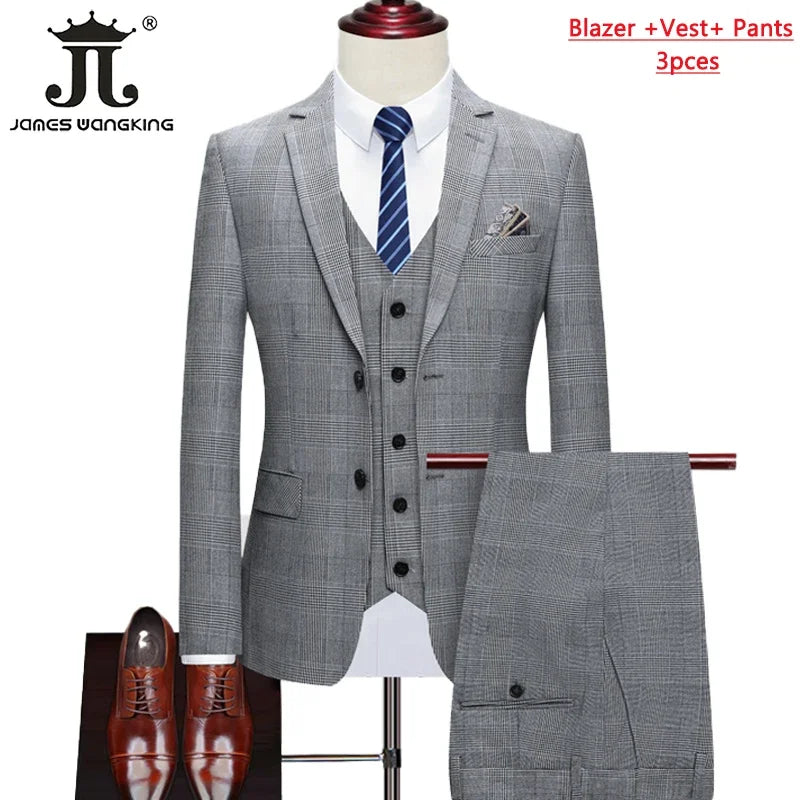 Men's Suit Vest Pants Boutique Fashion Classic Plaid Men's Office Suit Groom's Wedding Dress