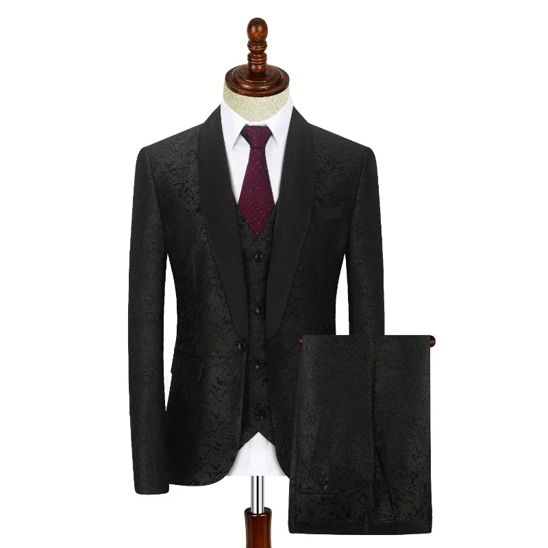 Men's Wedding Dress Fashion Slim Fit Solid Color Business Set Large Jacket+Pants+Vest