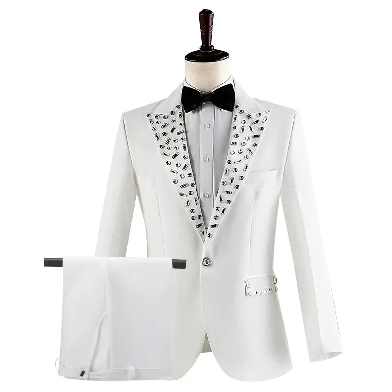 Men's Wedding Groom Rhinestone Collar Suit Pants Set Singer Performance Costume 2 Piece Set