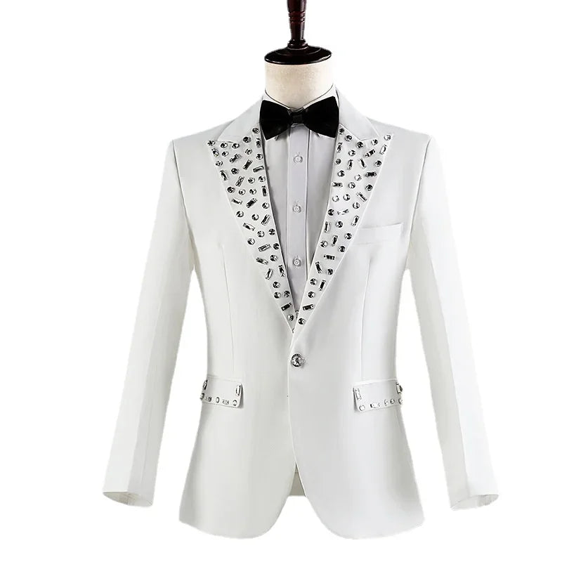 Men's Wedding Groom Rhinestone Collar Suit Pants Set Singer Performance Costume 2 Piece Set
