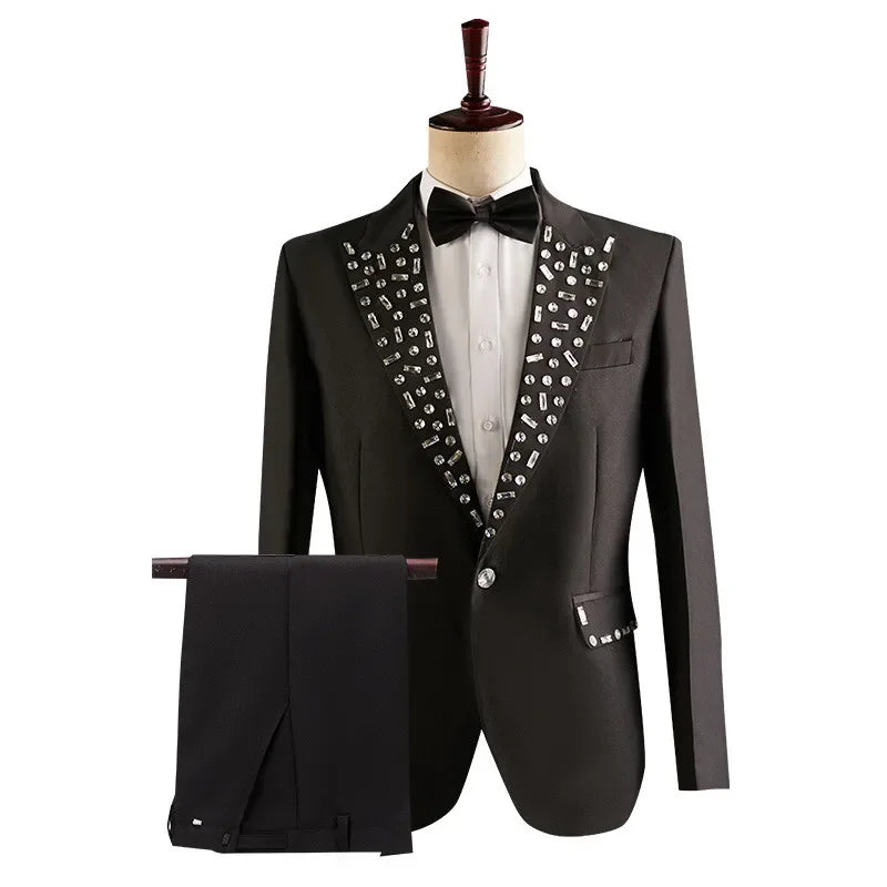 Men's Wedding Groom Rhinestone Collar Suit Pants Set Singer Performance Costume 2 Piece Set