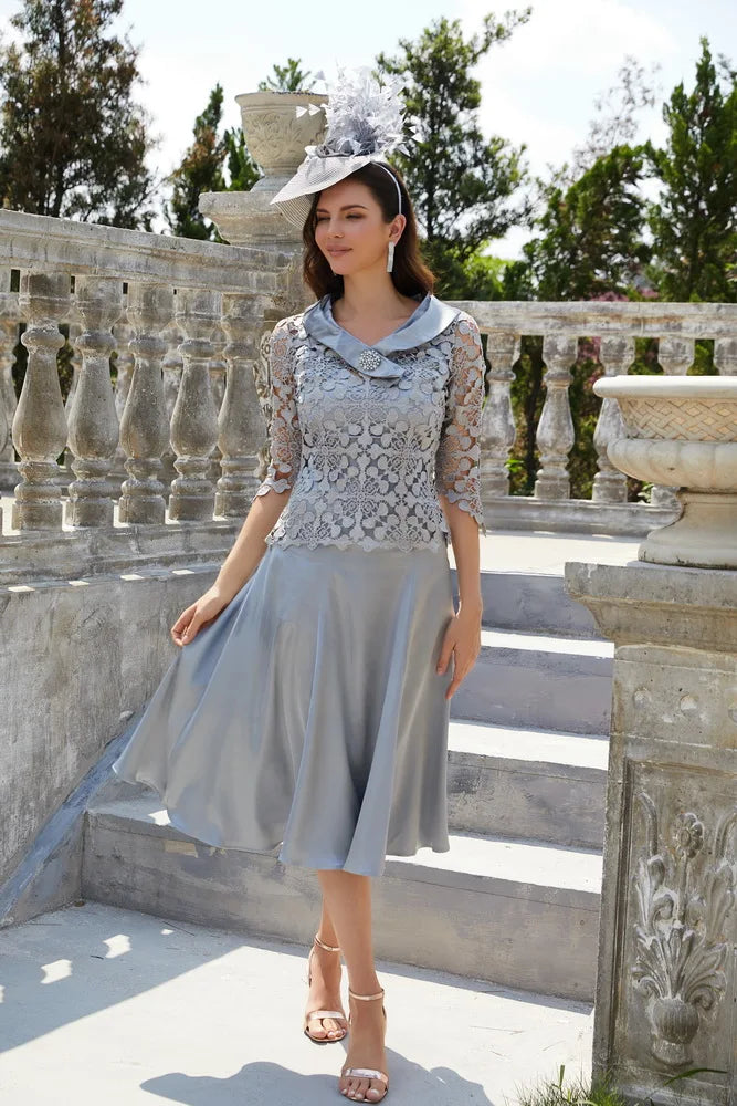 Modest Grey Blue Mother of The Bridal Dress Lace Appliques Vestido Madrina Boda Wedding Party Dress Cap Sleeve Tea Length