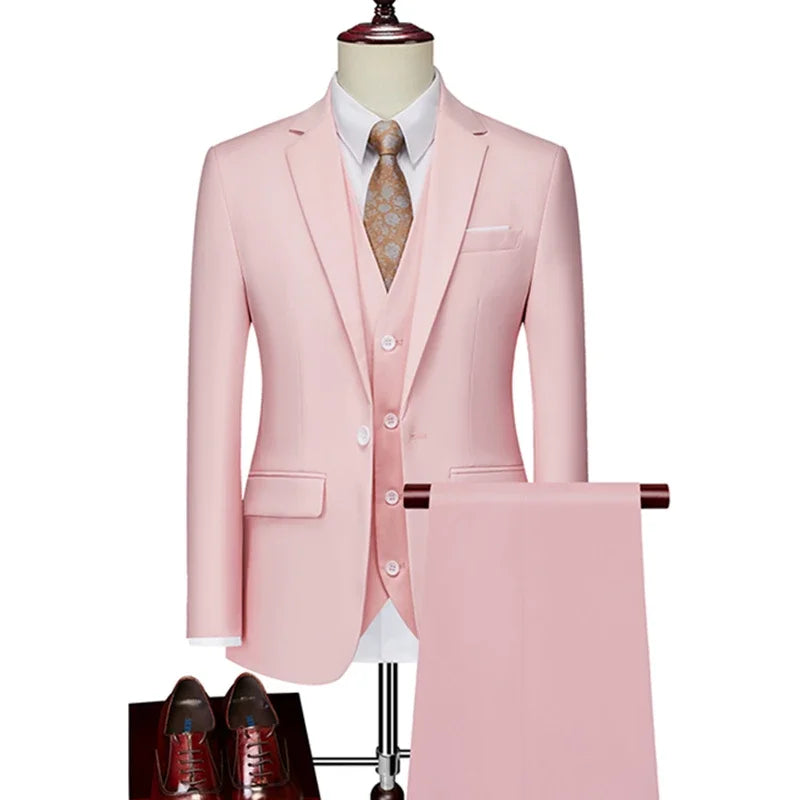 New Men's Casual Slim Fit One Button Solid Color Business Wedding Dress 3 Piece Set Suit Coat Pants Tank Top