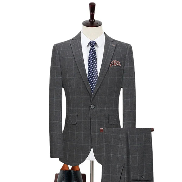 New Men's Fashion Set Formal Occasion Korean Checkered Single Button Suit Set