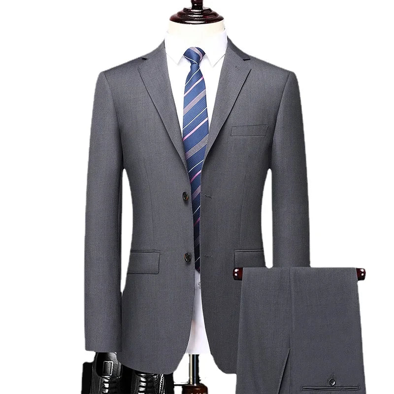 New Men's Gentleman Fashion Business Solid Color Wool Wedding Work Suit 2-piece Set
