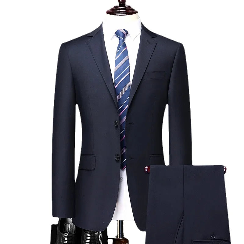 New Men's Gentleman Fashion Business Solid Color Wool Wedding Work Suit 2-piece Set