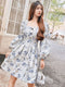 New Palace Style Elegant Waist Wrapped Lantern Sleeve Jacquard Dress for Women