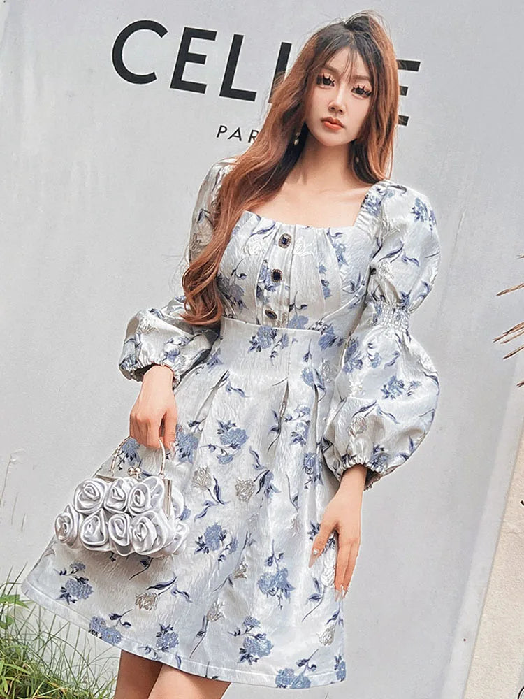 New Palace Style Elegant Waist Wrapped Lantern Sleeve Jacquard Dress for Women