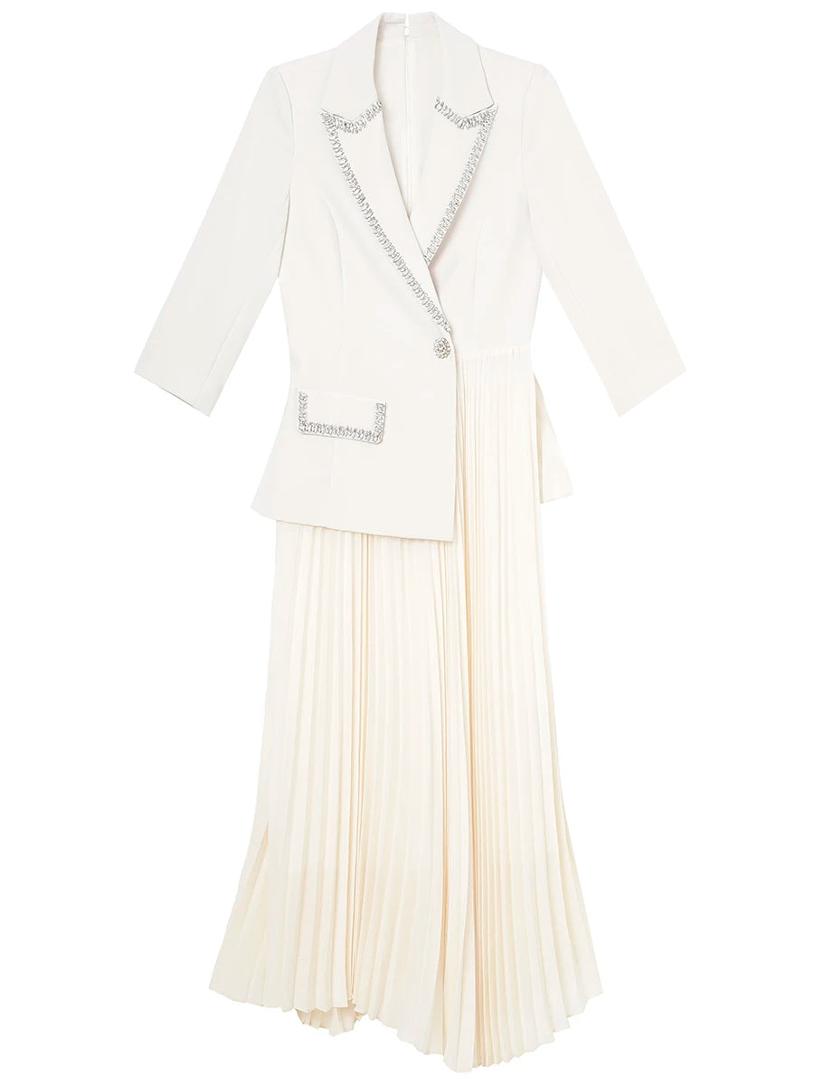 New Suit Dress Women's Autumn Fake Two Piece Slim Fit Nail Diamond Splice Long Pleated Skirt