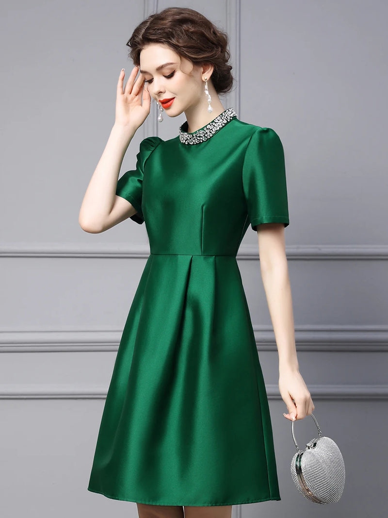 New Summer Style Goddess Bubble Sleeves Green Slim Fit A-line Skirt