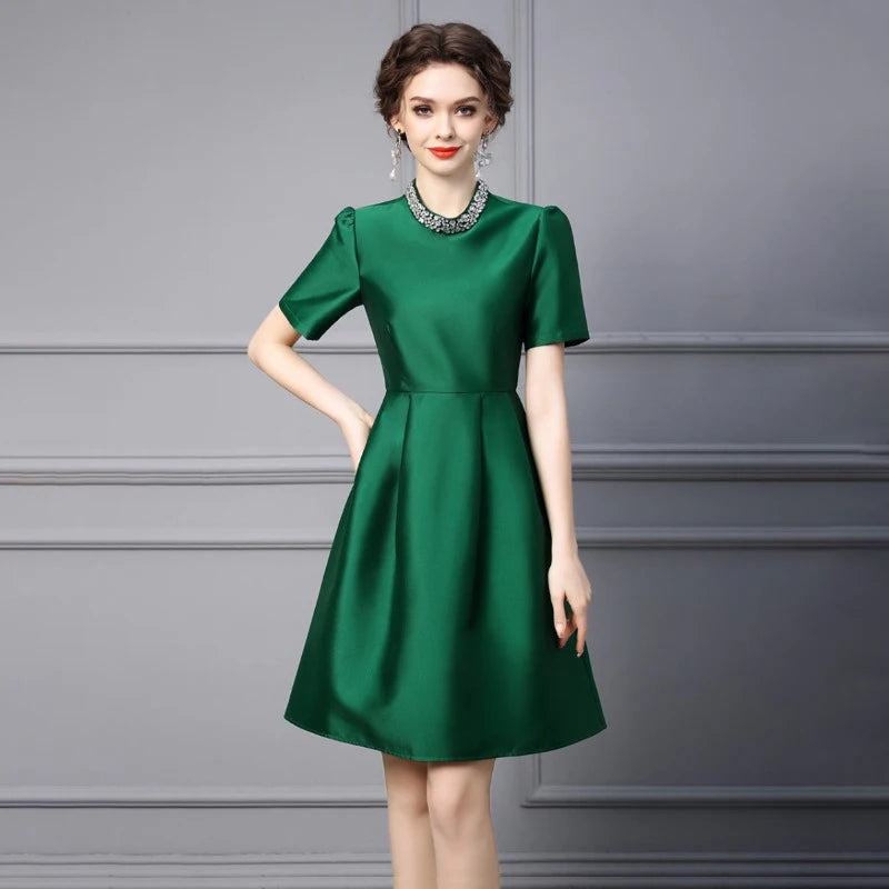 New Summer Style Goddess Bubble Sleeves Green Slim Fit A-line Skirt