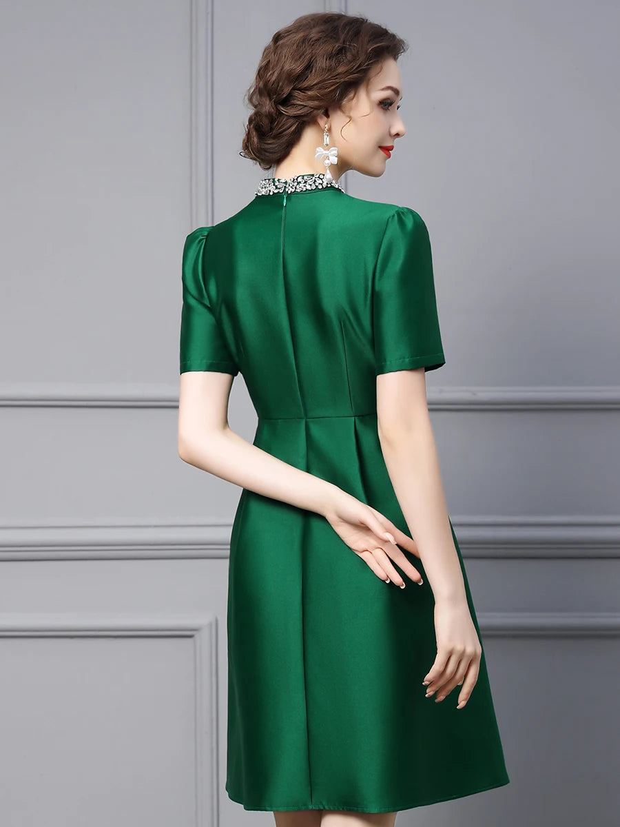 New Summer Style Goddess Bubble Sleeves Green Slim Fit A-line Skirt