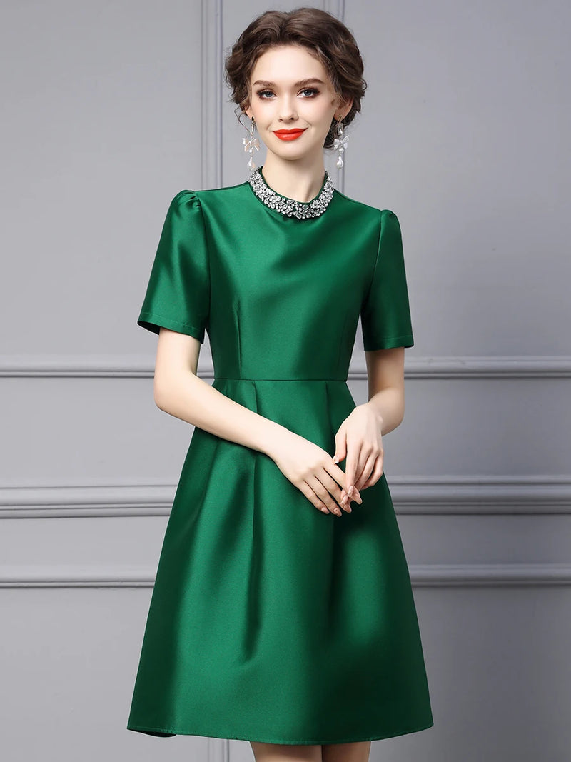 New Summer Style Goddess Bubble Sleeves Green Slim Fit A-line Skirt