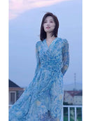 Beach Resort Style Beach Skirt French Luxury Light Luxury Hepburn Blue Oil Painting Dress for Women