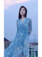 Beach Resort Style Beach Skirt French Luxury Light Luxury Hepburn Blue Oil Painting Dress for Women