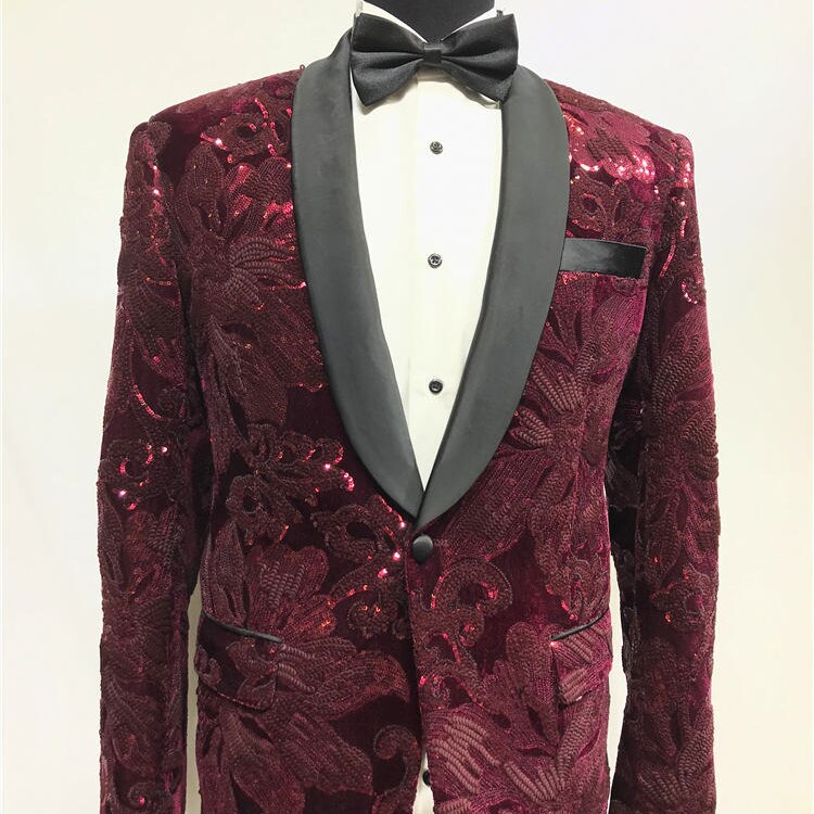 Red Beaded Suit Tuxedo Jacket +black Pant Mens Stage Wear Mens Tuxedos Wedding Plus Size 4XL Red Groom Suit