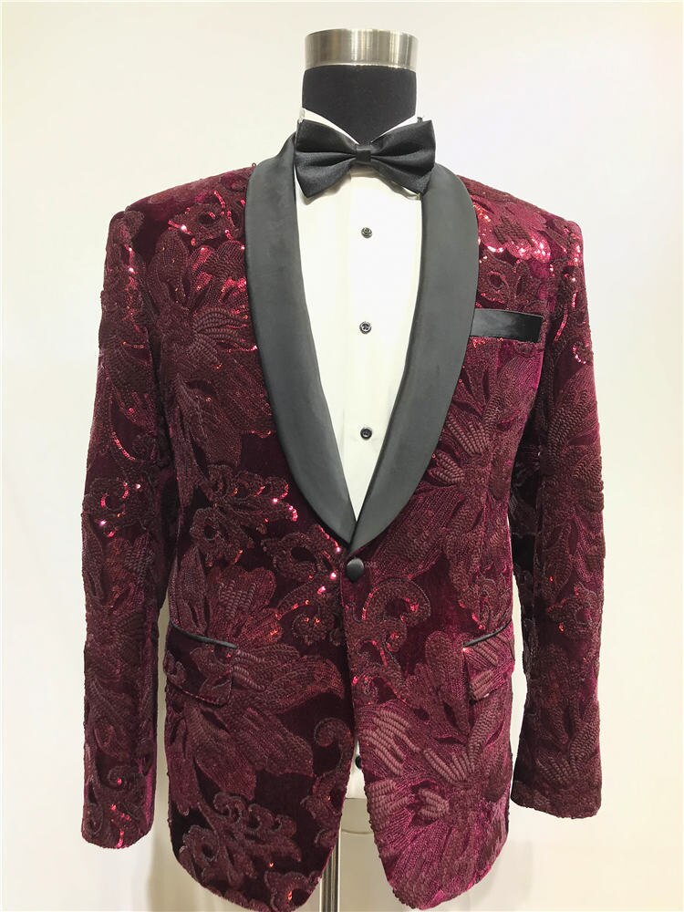 Red beaded suit tuxedo jacket +black pant mens stage wear mens