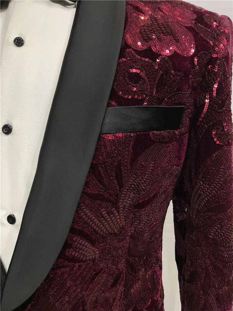 Red Beaded Suit Tuxedo Jacket +black Pant Mens Stage Wear Mens Tuxedos Wedding Plus Size 4XL Red Groom Suit