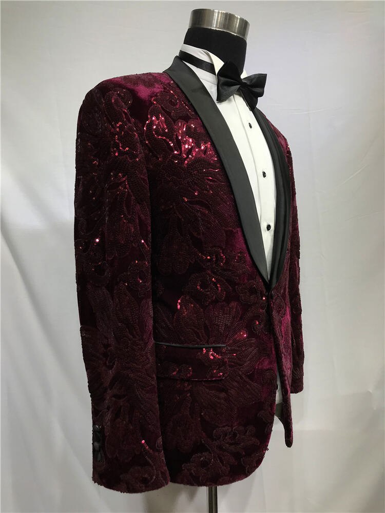 Red Beaded Suit Tuxedo Jacket +black Pant Mens Stage Wear Mens Tuxedos Wedding Plus Size 4XL Red Groom Suit