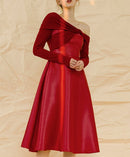 Red Design Sense Party Dress Mid-length Waist Slim Long-sleeved Slant-neck Off-shoulder Dress Women's High-end