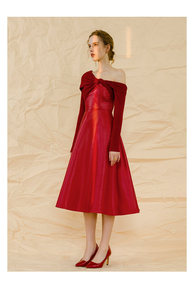 Red Design Sense Party Dress Mid-length Waist Slim Long-sleeved Slant-neck Off-shoulder Dress Women's High-end