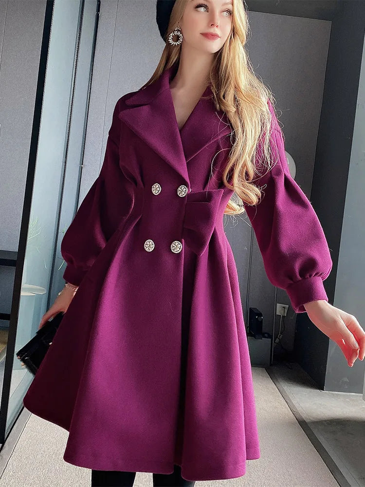 Rose Purple Temperament Famous Lady Style Slim Waist Double Row Diamond Inlaid Button Large Skirt Woolen Coat