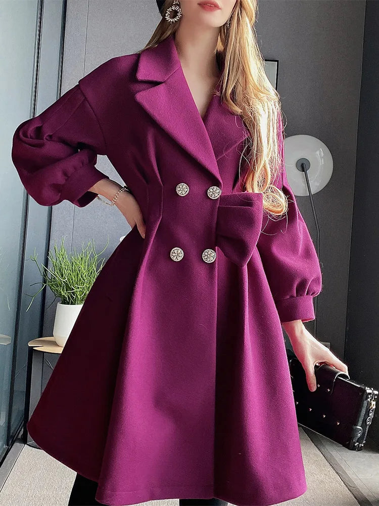 Rose Purple Temperament Famous Lady Style Slim Waist Double Row Diamond Inlaid Button Large Skirt Woolen Coat