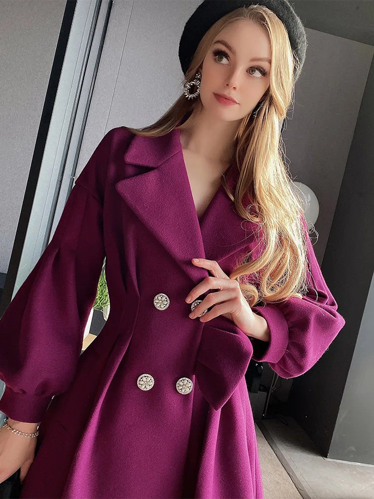 Rose Purple Temperament Famous Lady Style Slim Waist Double Row Diamond Inlaid Button Large Skirt Woolen Coat