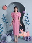 v-neck puffy shoulder slim fit tweed pink dress autumn tea length dress