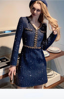 Light Luxury Elegant V-Neck Slim Fit Knitted Chain Thick Tweed Small Fragrance A-line Dress